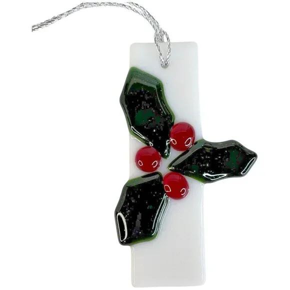 4 Fused Stained Glass Holly Berry Christmas Ornaments Set Red Green White - Picture 10 of 11